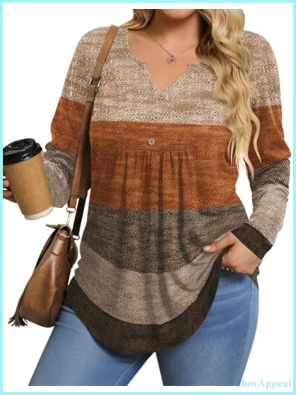 Plus Size Long Sleeve V-Neck Pleated Tunic Blouse Flared Hem